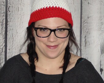 Crochet Beanie Hat, Red and White Beanie Hat, Costume Hat, Pom Pom Beanie