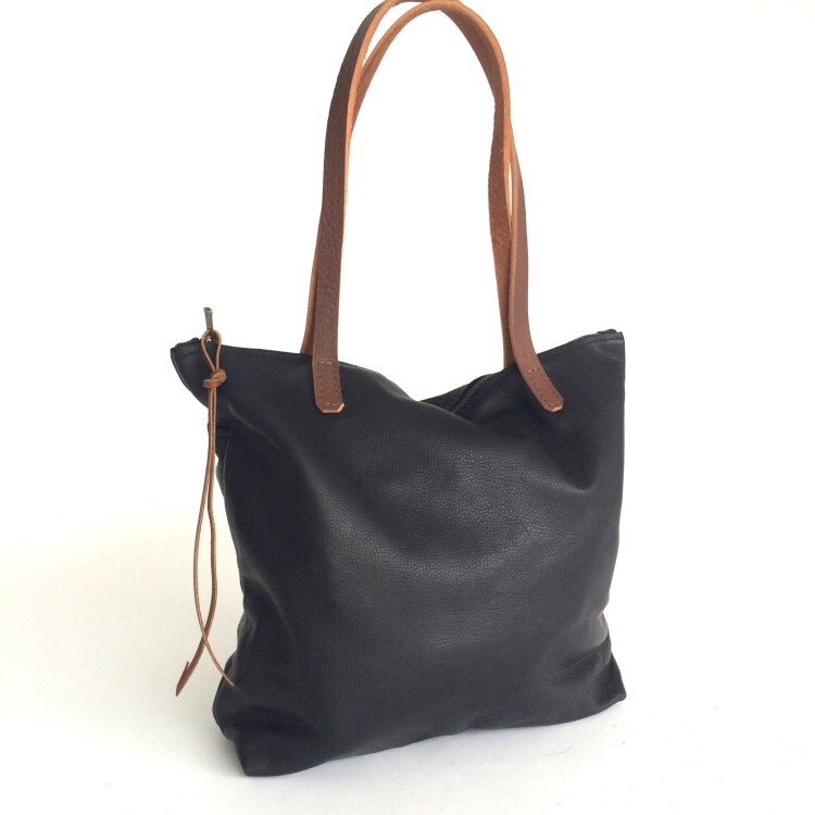 Beautiful Black Leather Tote Bag with zipper Laptop bag by sord