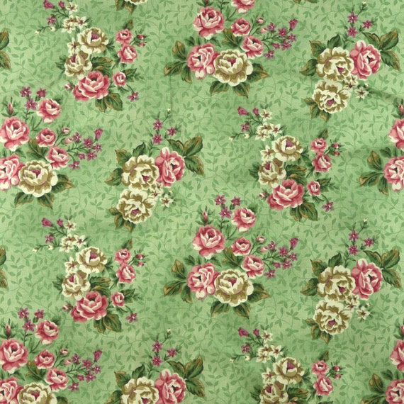 Quilting Cotton Print Fabric Green Floral Pink by DartingDogFabric