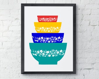 Pyrex Bowls Art Print, Kitchen wall decor, sprint blossom pattern