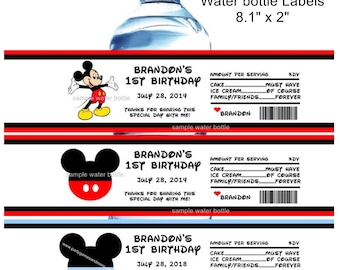 Unique Personalized Mickey Mouse, Baby Mickey First Birthday Party Favor Water Bottle Labels