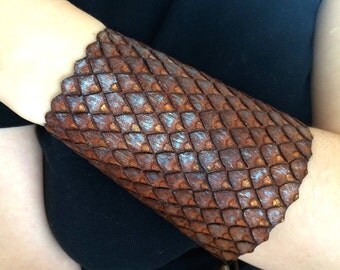 Dragon hide cuff - Hand tooled leather cuff bracelet / bracer with iridescent dragon scales - Archery bracer