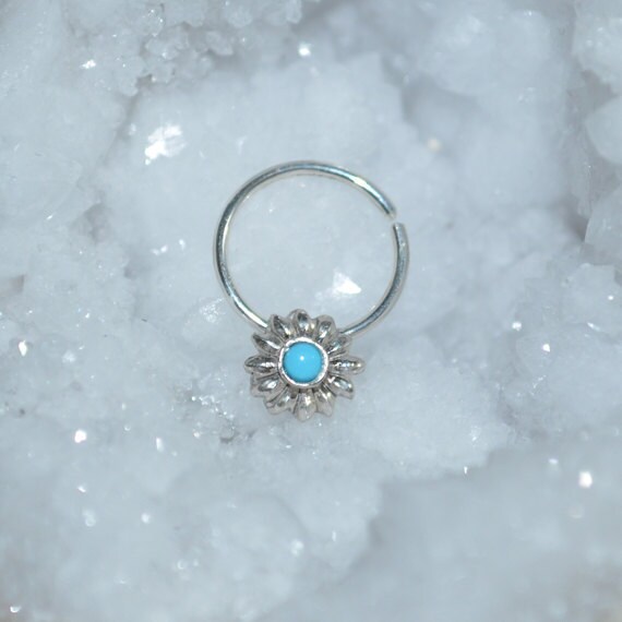 Silver Flower Septum Ring 18g - Turquoise Nose Hoop - Tragus Earring Hoop - Cartilage Hoop Earring - Nose Ring - Nipple Ring - Rook Jewelry