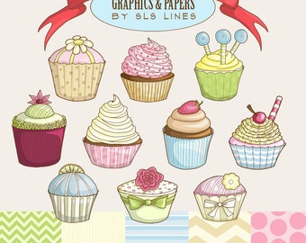 Cupcakes digital graphics set, cupcake clipart pink blue and green, DIY invitations and party, cakes for showers SLS Lines commercial use