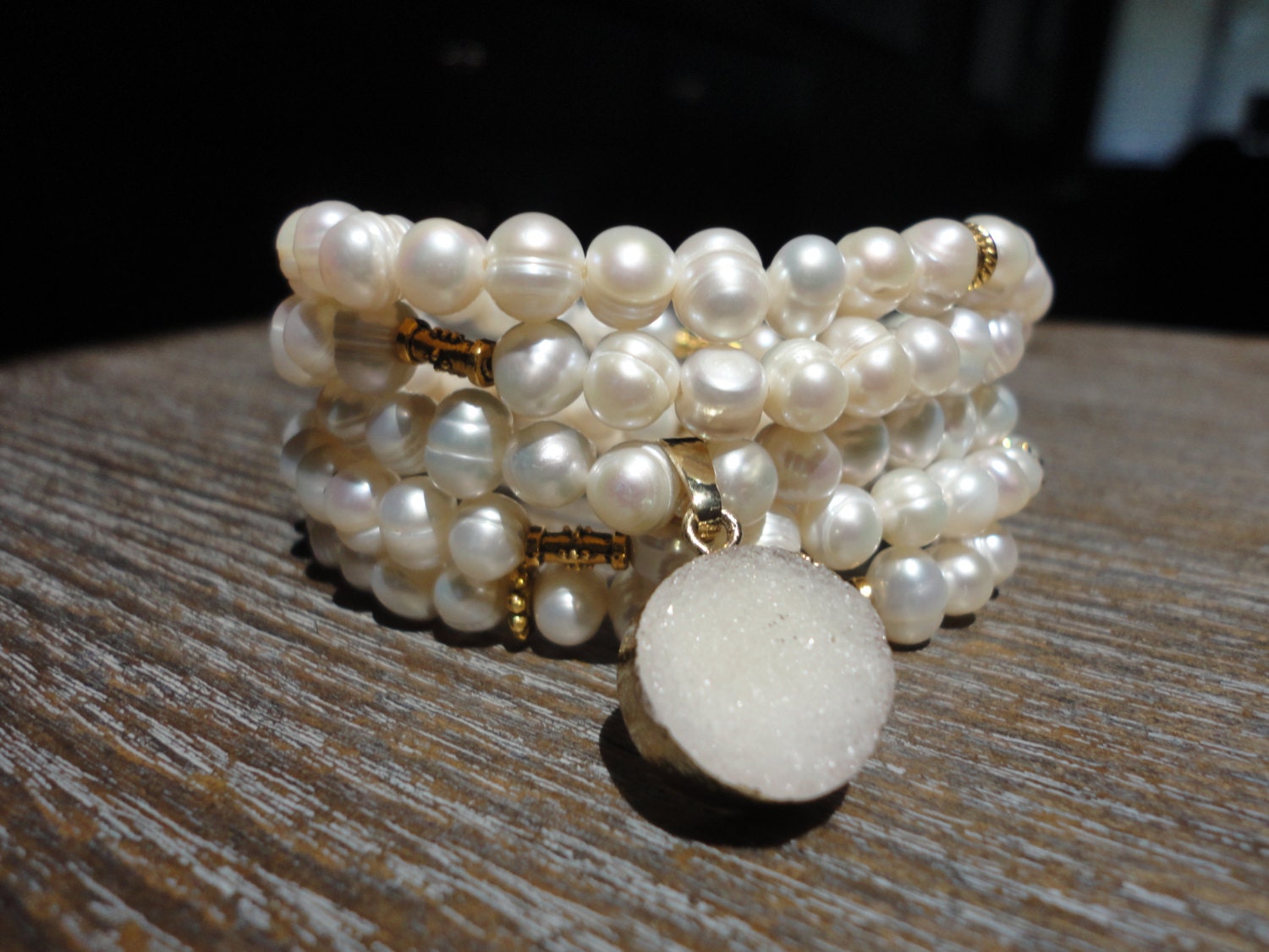 Fresh Water Pearls Wrap Bracelet with Mini White Druzy/ Long Pearl Necklace/Dime Size/Fresh Water Pearls/Wrap Bracelet