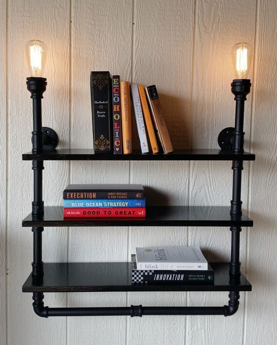 Threetier pipe shelf with lights by JoyfulHabitat on Etsy
