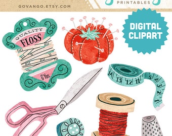 SEWING NOTIONS Digital Clipart Instant Download Illustration Craft Needlework Scissors Thread Fashion Retro Vintage Antique Spool Stock Art