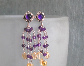 Multi Gemstone Sterling Silver Tassel Chain Earrings Amethyst Citrine 2 inch Dangle Chandelier Earrings Stud Fringe Earrings Life Bijou