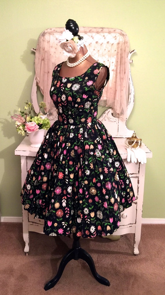 50s Full Circle Dress 1950s Open Back Vintage Dress Floral