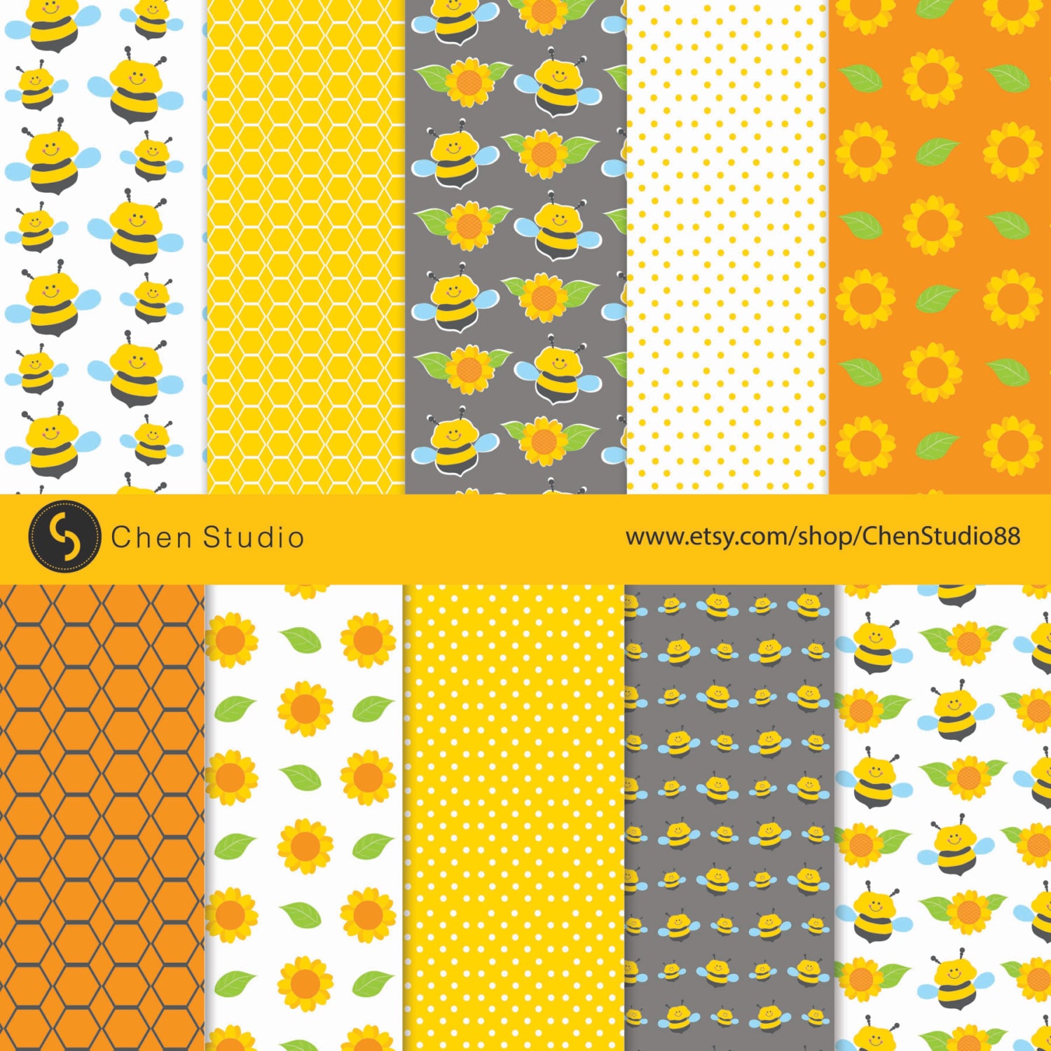Bee digital paper Pack for scrapbooking print 10 images