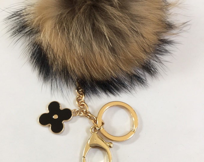 Fur pom pom keychain, bag pendant with flower clover charm natural no dye color tone