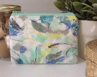 Small Zipper Bag, Zipper Pouch, Makeup Bag, Cosmetics Case, Clutch Purse, Knitting Notions Bag, Gadget Case, Watercolor, Yellow, Mint, Blue