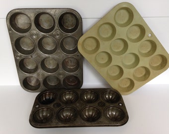 3 Vintage Muffin Tins - Food Photography Prop Bake King Dozen, Ekco 1080 Chicago8 Muffin Fluted, Yellow Tin Dozen -1 price buys all 3 pans