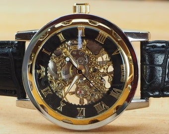 Custom Glass Engraved Black Gold Skeleton Wrist Watch Black Strap - Metal Gift Boxed / WW-7-G