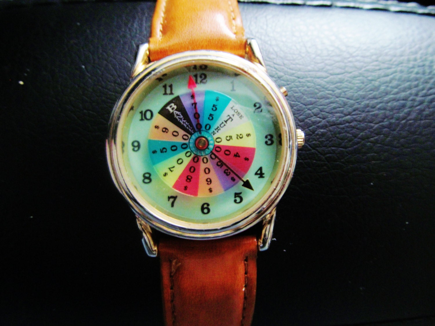 Vintage Wheel Of Fortune Watch Tan Brown Leather Wrist Band