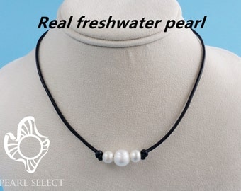 Leather pearl necklace,pearl leather necklace,freshwater pearl necklace,three pearl ncklace,real pearl necklace,floating pearl necklace