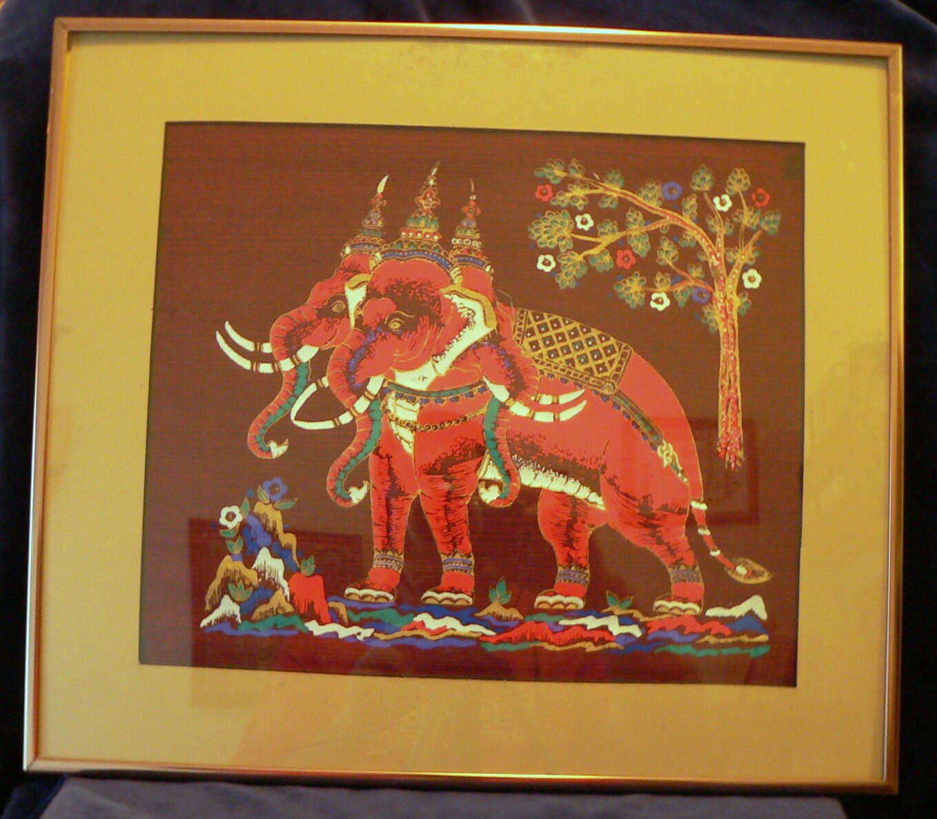 Framed Thai Silk Elephant Tapestry 14x16