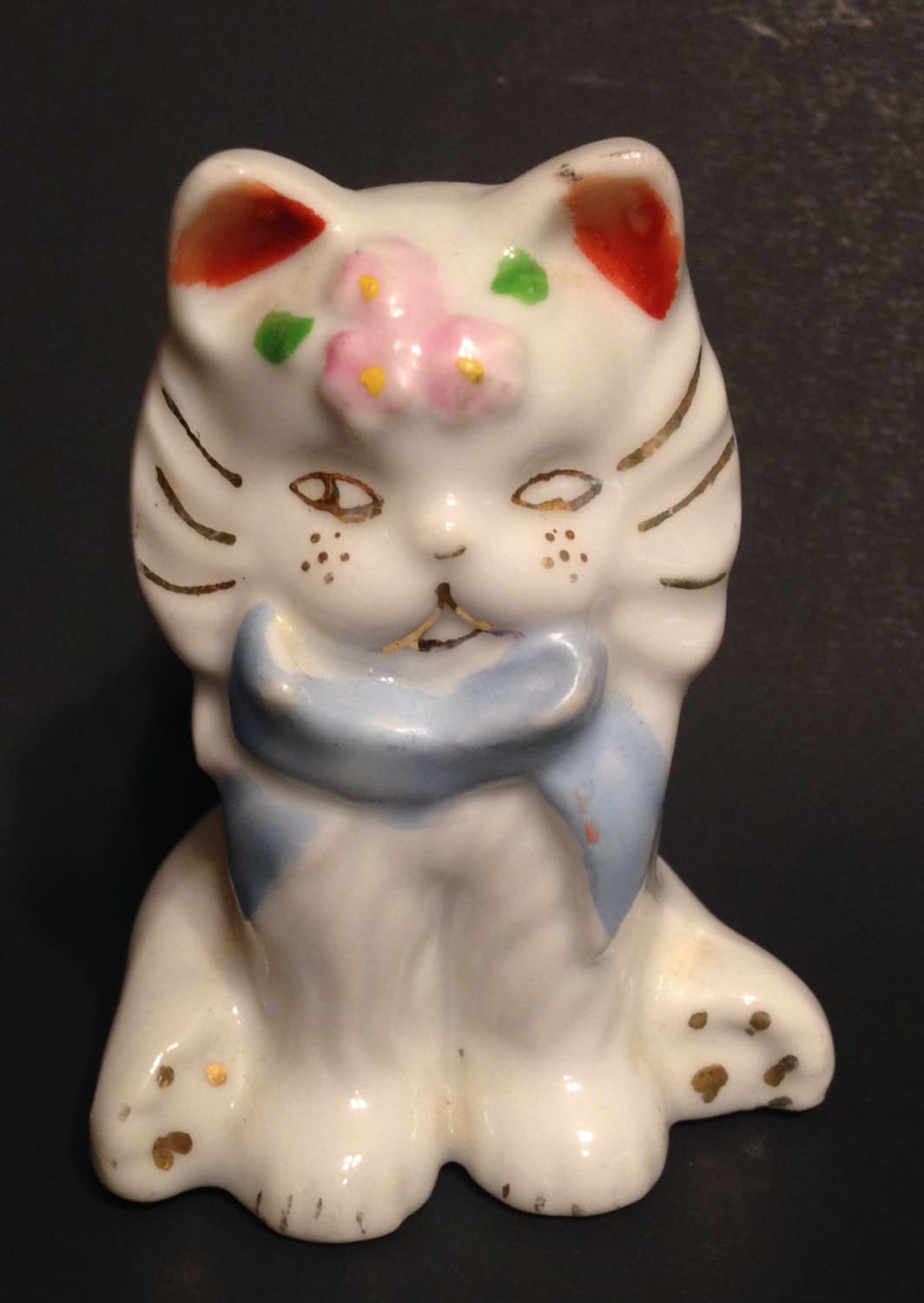 Vintage White Cat Figurine Small Kitten Statue Blue Bow