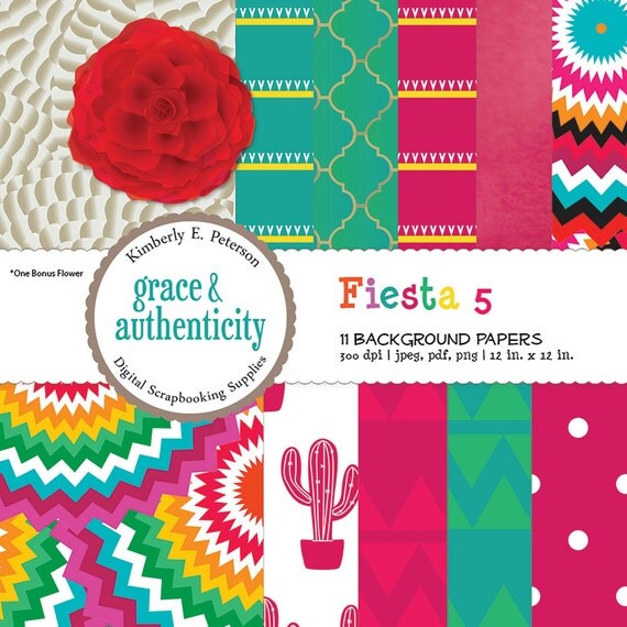 Fiesta Digital Scrapbook Paper Pink and Teal