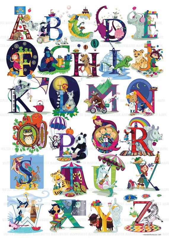 Beautiful Detail Alphabet Poster, Animal & Character ABC wall art.