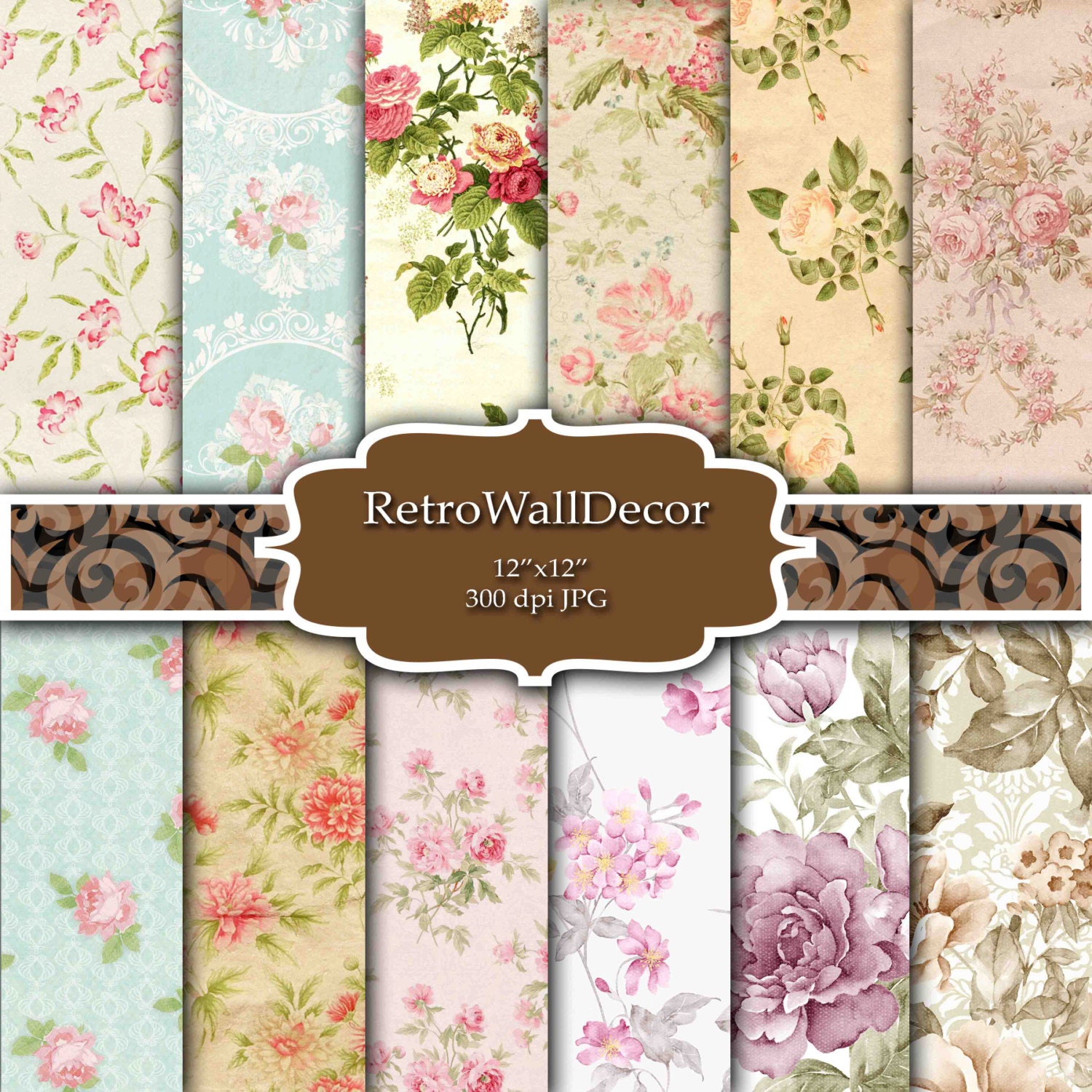 Floral Digital Paper Pack Vintage Floral Backgrounds