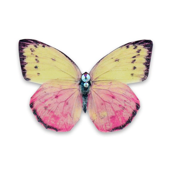 Butterfly Dahlia Brooch, Handmade of Real Leather, Yellow and Pink