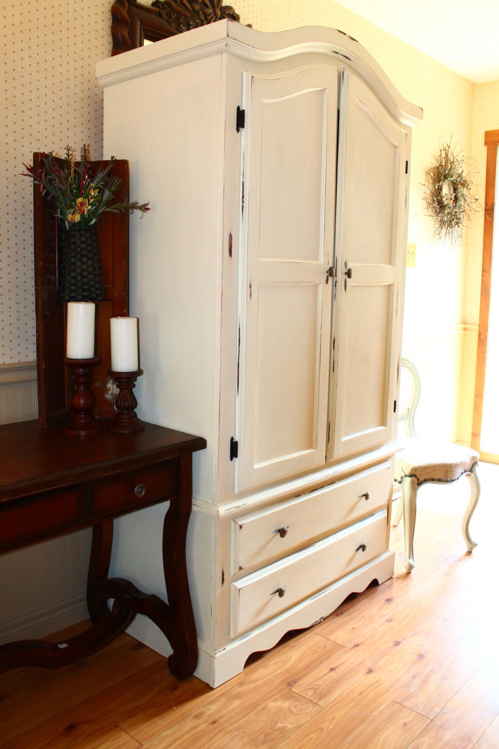 French Country Distressed Pine Armoire Haute Juice
