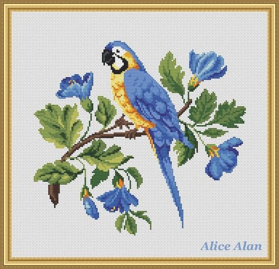 Cross Stitch Pattern Bird Parrot in blue flowers Counted Cross