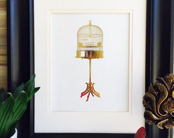 Gold Foil Print, Wall Art, birdcage Decor, Gold birdcage, Birdcage Stand, gold foil art, bird cage stand