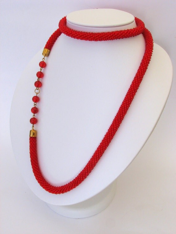 FREE SHIPPING Long Beaded Crochet Rope Necklace. Beadwork.