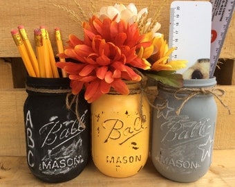 Painted Mason Jar. Back to School Decor. Teacher or Student Gift. Classroom Decor. Fall Vases. Chalkboard Paint Mason Jars. Distressed Jars.
