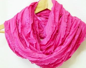 Fuchsia Ruffled Infinity Scarf; Hot Pink Scarf; Loop Scarf; Circle Scarf; Scarves and Wraps