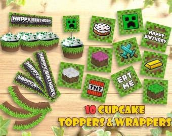 Mine Themed Cupcake Topper Wrappers Happy Birthday Party Printable Toppers Decoration Food Tent Wrap Labels Buffet Favors Instant Download