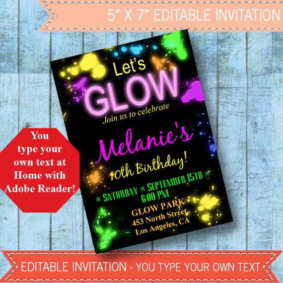 Let s Glow Birthday Invitation Glow in the dark party 