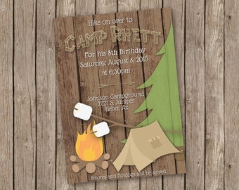 Camping Birthday Invitation with Fire and Marshmallows - printable 5x7