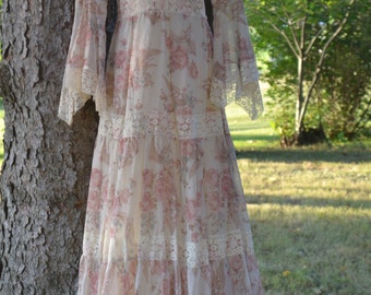 Vintage 70's Fall Floral Festival Hippie Maxi Dress With Angel Sleeves Size 9