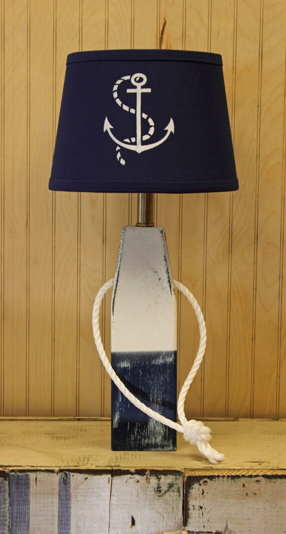 Wood Buoy Nautical Table Lamp Blue & White Distressed w/