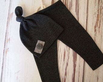 RTS Dark Gray Baby Boy Newborn Photo Pant and Knot Hat. Set includes pant and matching knot hat. Perfect for those first newborn shots!