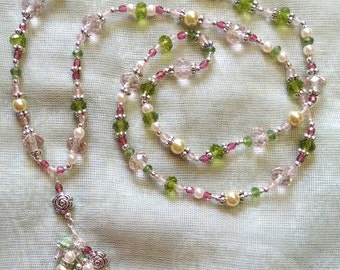 Pink, Green, and Silver Rosette Necklace