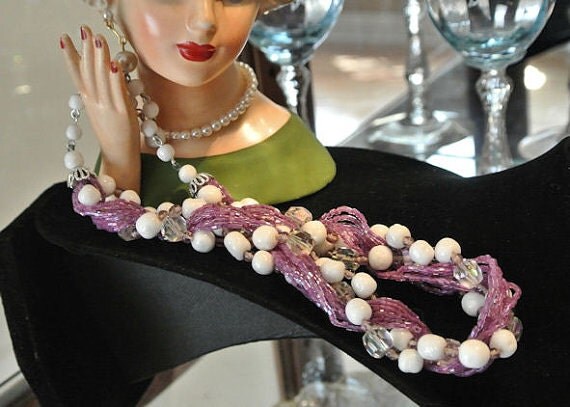 Milk Glass Torsade Dimpled Micro Beads Crystal Choker Necklace Japan 1950s Mid Century Wedding Bride Bridal Lavender Purple Glass Milkglass