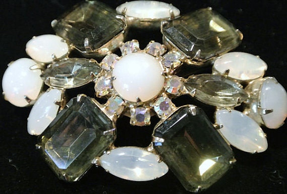 Rhinestone Brooch Opaline Glass Opalene Cabochons AB Aurora Borealis 1950s 50s Mid Century Vintage Deep Olive Green Emerald Rhinestones