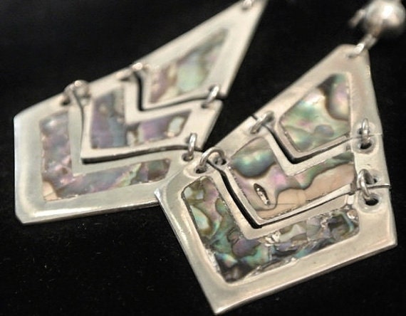 Vintage Abalone Mexico Sterling Earrings Silver 1950s 50s Mid Century Southwestern BOHO Modernist Chandelier Dangle Articulated Drop Shell