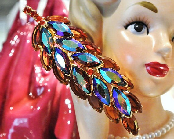 Mid Century Juliana DeLizza Elster D & E Rhinestone Brooch Verified D and E Leaves AB Aurora Borealis 1960s Vintage Layered Navette Brooch