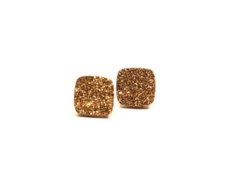 Gold Druzy Stud Earrings Metallic Diamond Square Small Genuine Titanium Drusy Quartz Gemstone Jewelry for Women on Sterling Silver Post Stud