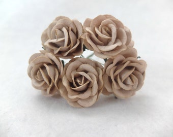 5 pcs - 35mm mulberry paper light brown rose - paper rose with wire stem - round