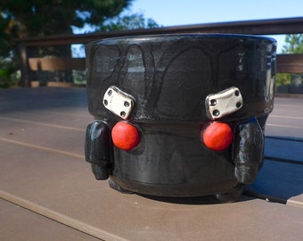 hand thrown, stoneware, ceramic, evil robot planter