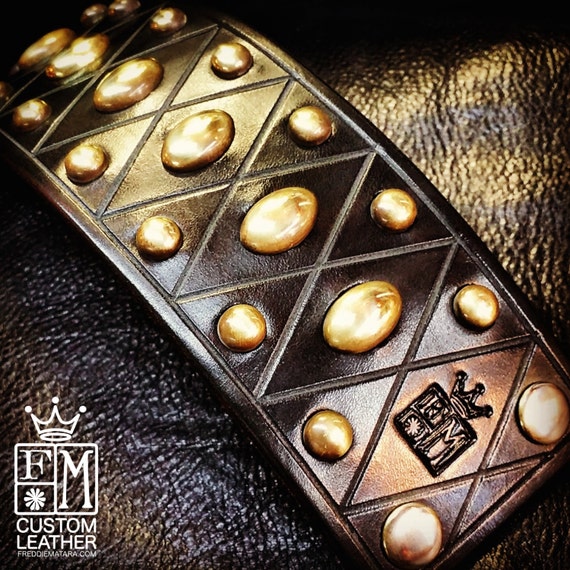 Leather cuff Bracelet Black bridle with Brass spots- Custom Made for YOU in NYC by Freddie Matara