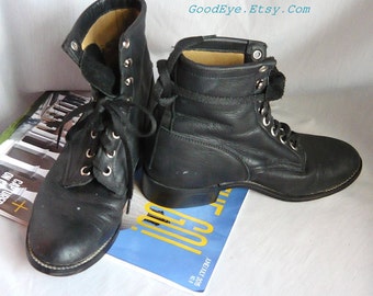 Vintage Flat Oxford Ankle Boots / JUSTIN Black Leather Lace Up / Granny Combat Boot / Kids YOUTH size 2 .5 D Eu 34 UK 1 .5 / women sz 3 .5