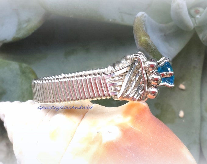 Swiss Blue CZ Hand Crafted Wire Wrapped Ring Argentium Silver Wave Design