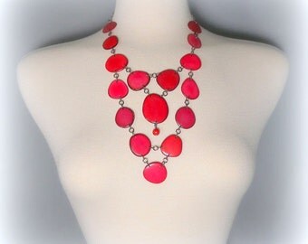 Lipstick Red and Pink Acai Seed and Tagua Nut Bib Statement Eco Friendly Necklace and Matching Earrings with Free USA Shipping #taguanut